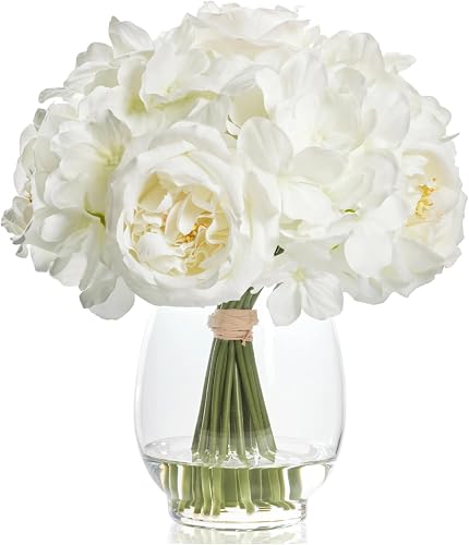 WELL KNOWN Artificial Austin Roses and Hydrangea Petals, 11.5" H Silk Roses Flower Bouquet with Fake Water in Glass Vase, Faux Peony for Home Decor, Table Decor, Weddings, Gift (White)