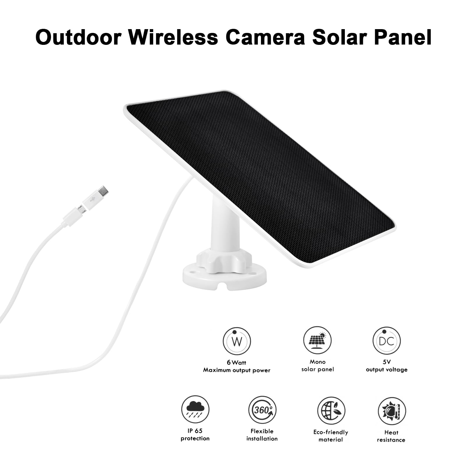 Pannello solare da 6 W per telecamera di sicurezza esterna, caricatore USB/Type-C da 5 V con cavo da 3 m, impermeabile IP65, staffa regolabile a 360°, compatibile con fotocamera a batteria