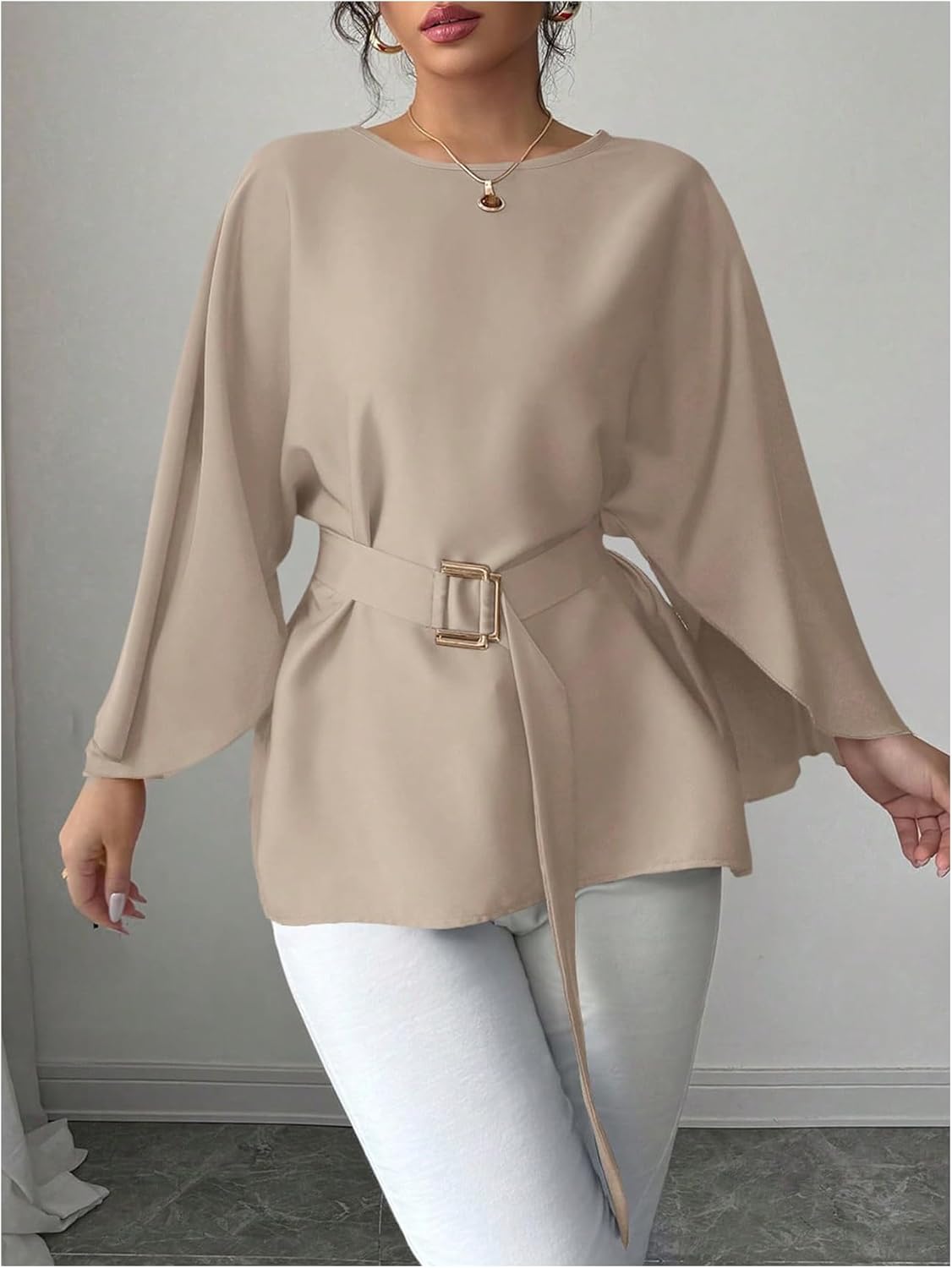 SOLY HUX Women's Long Sleeve Belted Elegant Blouses Fall Crew Neck Business Casual Shirt Dressy Tops - Image 2