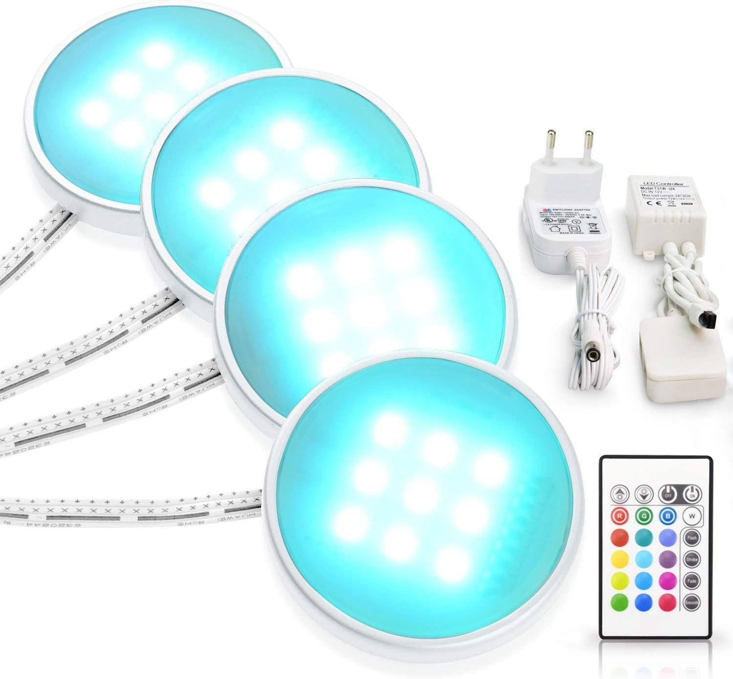 Under Cabinet Lighting LED Puck Lights Kitchen Cabient Lights,Shelf Lighting,Under Counter Lighting,Color Changing and Dimmable Remote,16 Colors,4 Modes,4-Pack