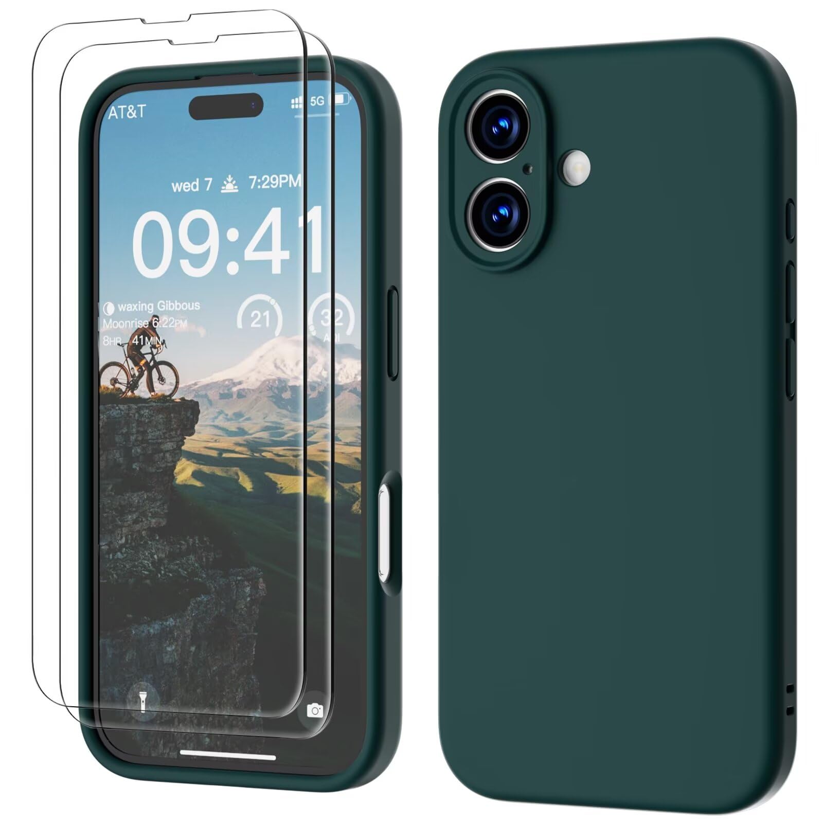 GOODVISH 3 in 1 Silicone Cover per iPhone 16 6.1", Custodia con 2 Pellicola Vetro Temperato [Protezione Fotocamera] 360° Protezione Anticaduta Case per Cellulare Antiurto Resistente, Verde Scuro