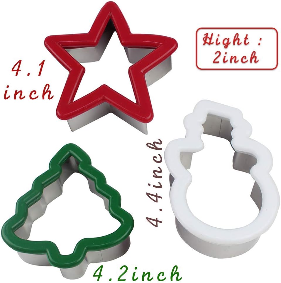 Christmas Cookie Cutter Set of 3, Christmas Tree/Star/Snowman for Kids to Made Biscuit and Sandwich Stainless Steel with Silicone Grips,Gift Box Packed,Aichoof
