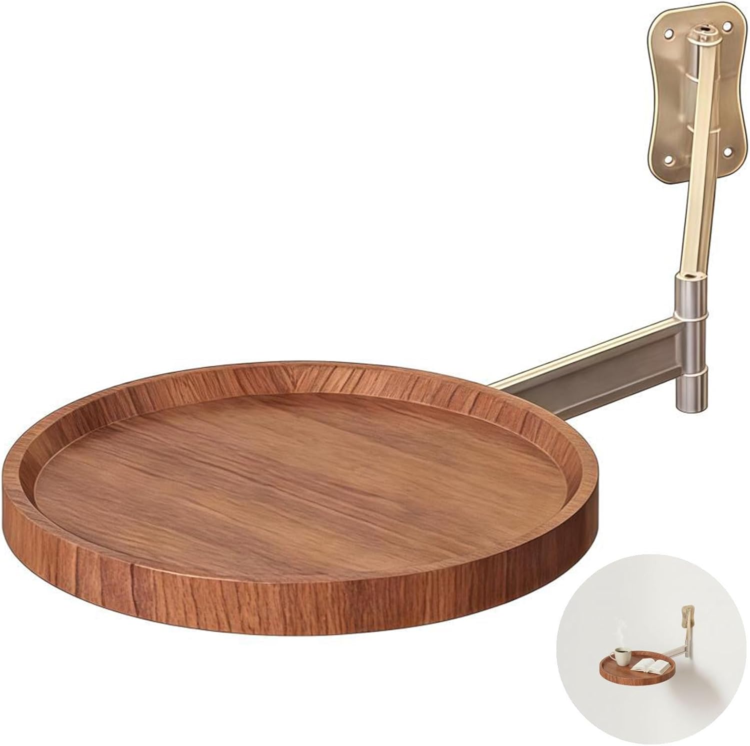 Wall Mounted Folding Table Walnut, 11 in Small Round Tray with Aluminum Alloy Bracket, Space-Saving Folding Table for Bedroom, Living Room, Bathroom, Office