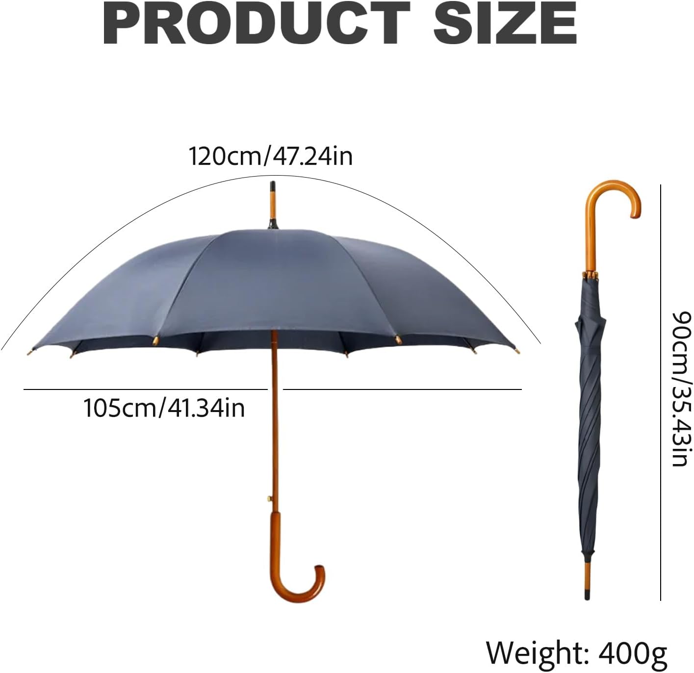 Large Windproof Umbrella, Wooden J-Shaped Handle Umbrella for Rain, Vintage, Waterproof, Sun UV Protection, 8-Rib, Classic Stick Umbrella for Commuting, Travel, Wedding