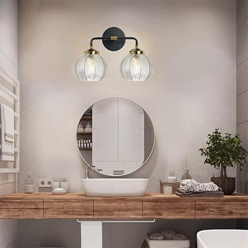 Miniatura 8 de Lámpara de tocador de baño de 2 luces, luces de globo de vidrio transparente, lámpara de montaje en pared negra con pantalla de vidrio acanalado,