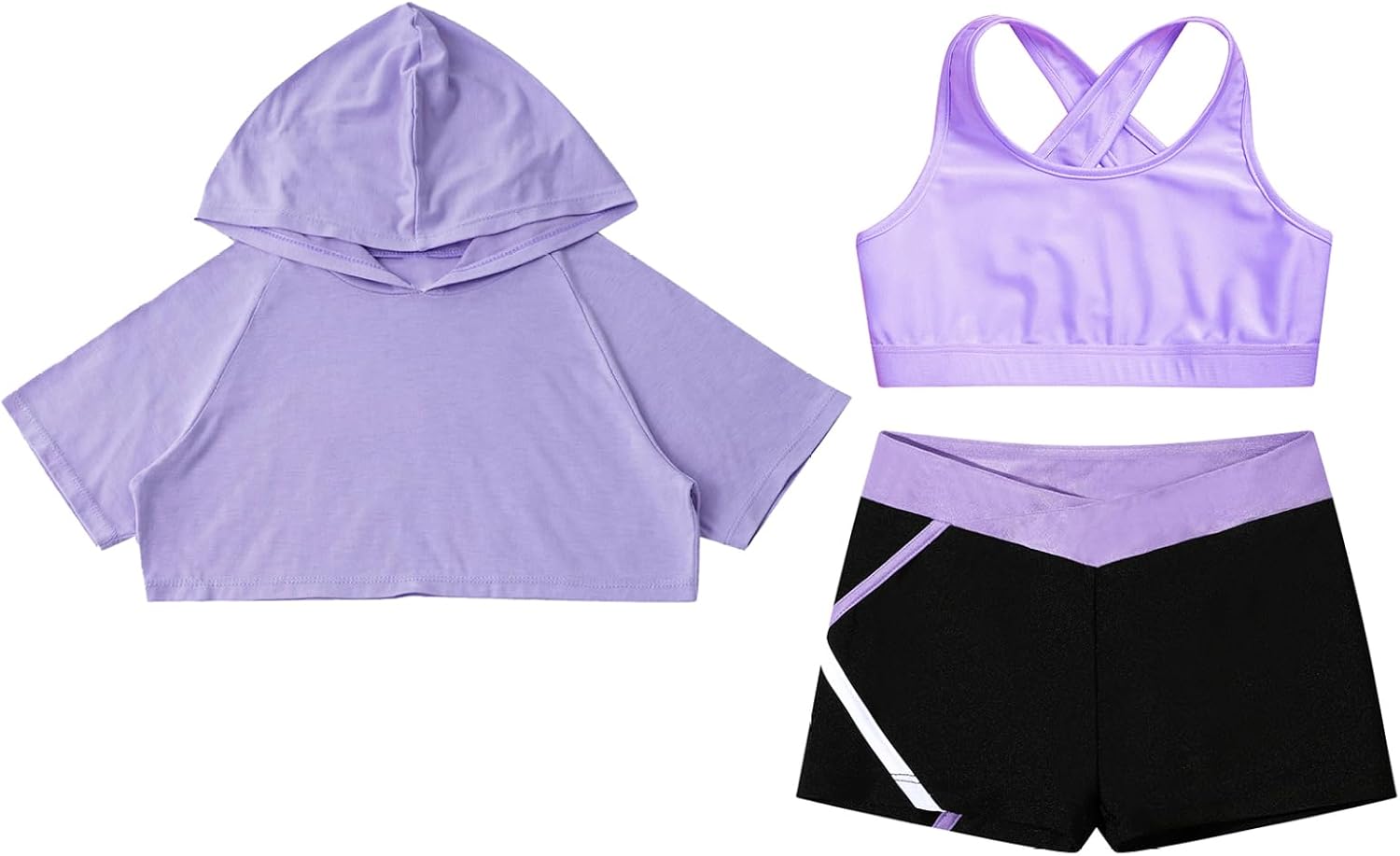 Kids Girls 3Pcs Gymnastics Dance Outfits Short Hoodies Sleeveless Crop Top with Shorts Tracksuit Set