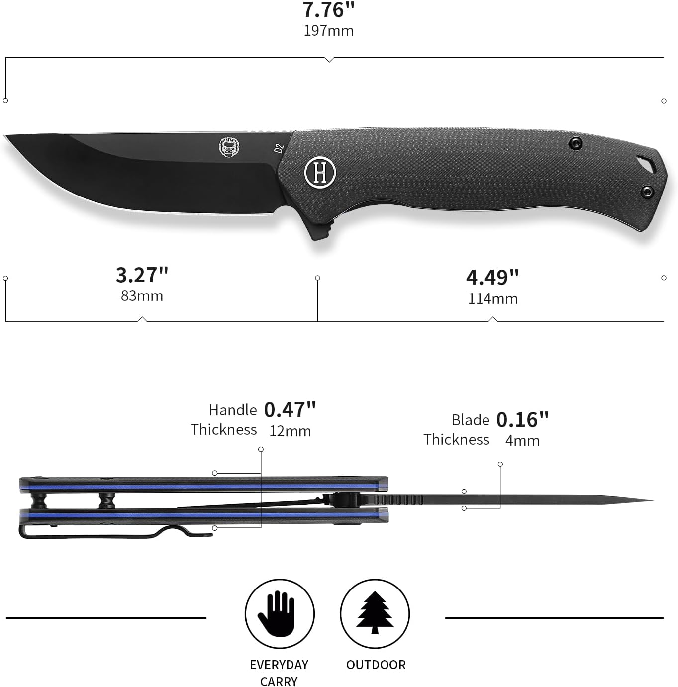 Holtzman's Gorilla Survival Pathfinder Folding Knife with G10 Handle and D2 Steel Blade, Gift Box Set (Black+Blue) - Ideal for Everyday Carry