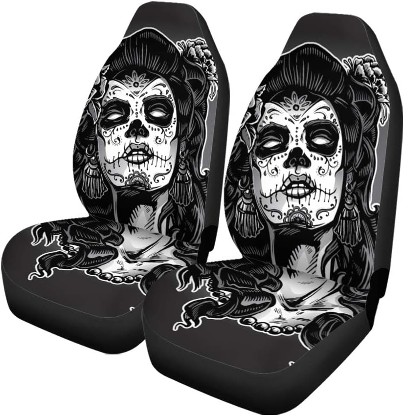Semtomn Set of 2 Car Seat Covers Gray Tattoo Woman Sugar Skull Face Paint Dead Day Universal Auto Front Seats Protector Fits for Car,SUV Sedan,Truck