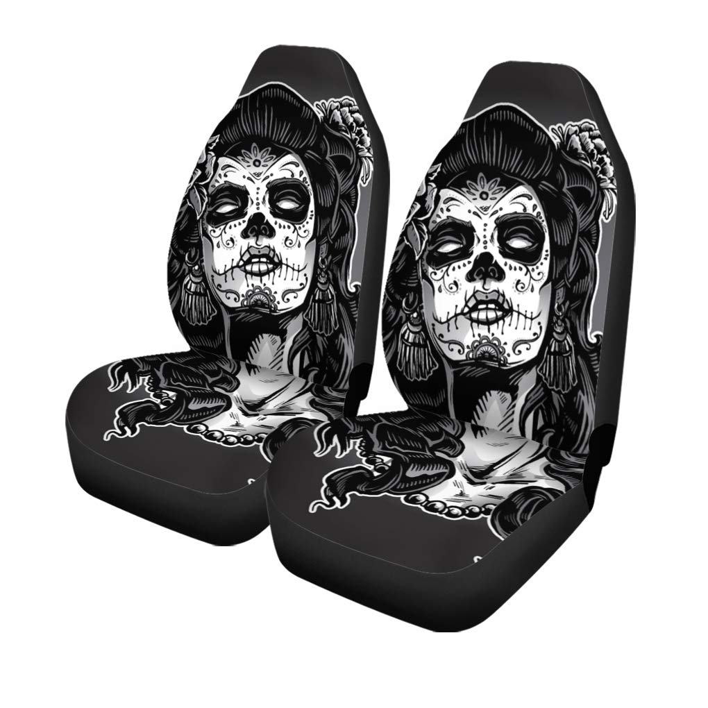 Semtomn Set of 2 Car Seat Covers Gray Tattoo Woman Sugar Skull Face Paint Dead Day Universal Auto Front Seats Protector Fits for Car,SUV Sedan,Truck