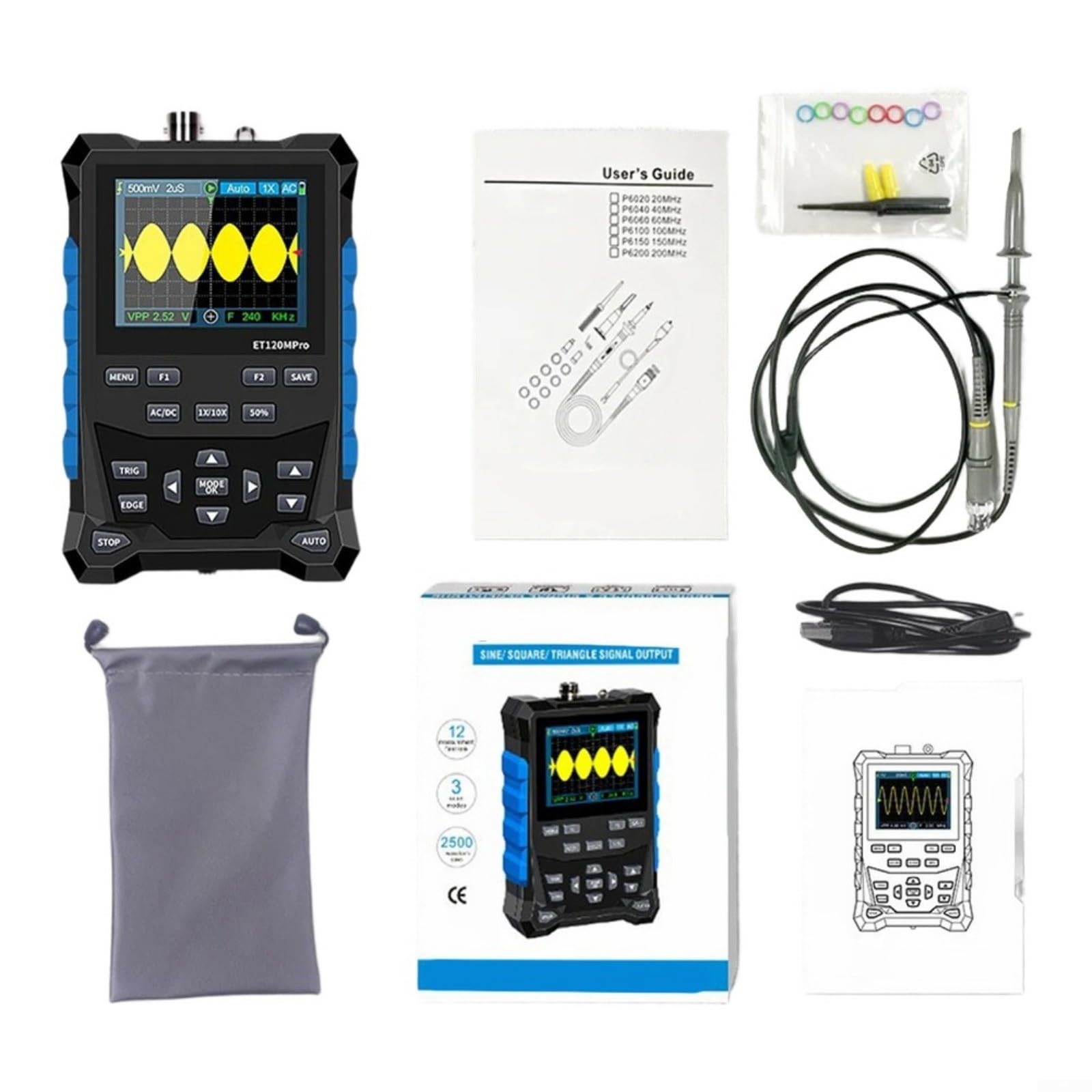 ET120MPro, oscilloscopio digitale 120 MHz 500 MS/s con sorgente di segnale 3 MHz, tester automobilistico 2 in 1 per diagnostica auto, istruzione e laboratorio, design portatile con batteria