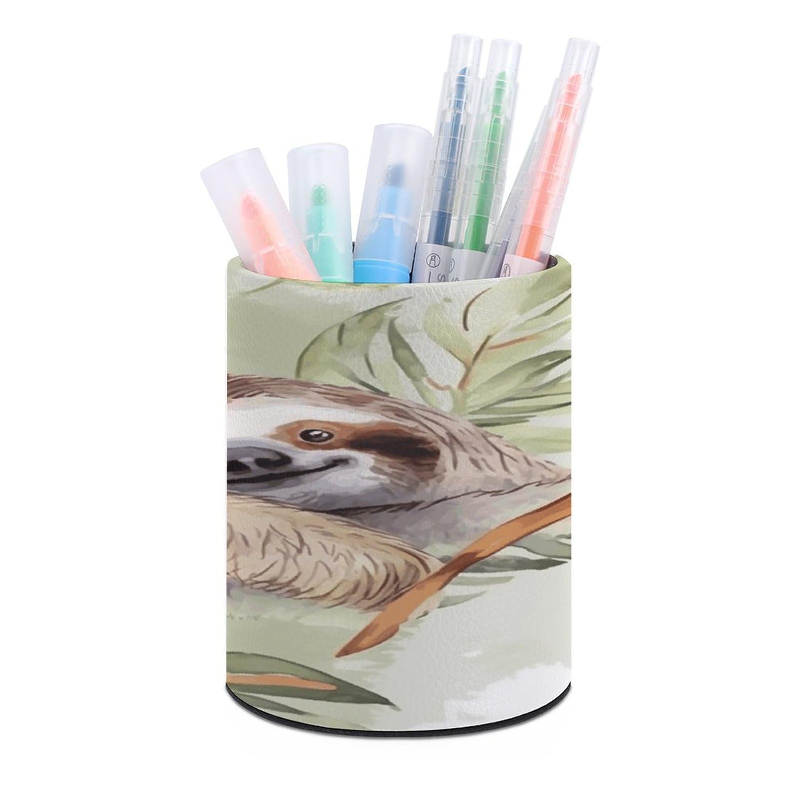 VstaDank Watercolor Sloth Pen Holder Leather Pencil Cup Round Pencil Holder for Desk Organizer Personalized Pen Cup Fashion Pen Organizer Makeup Brush Holders for Office Home&Gift