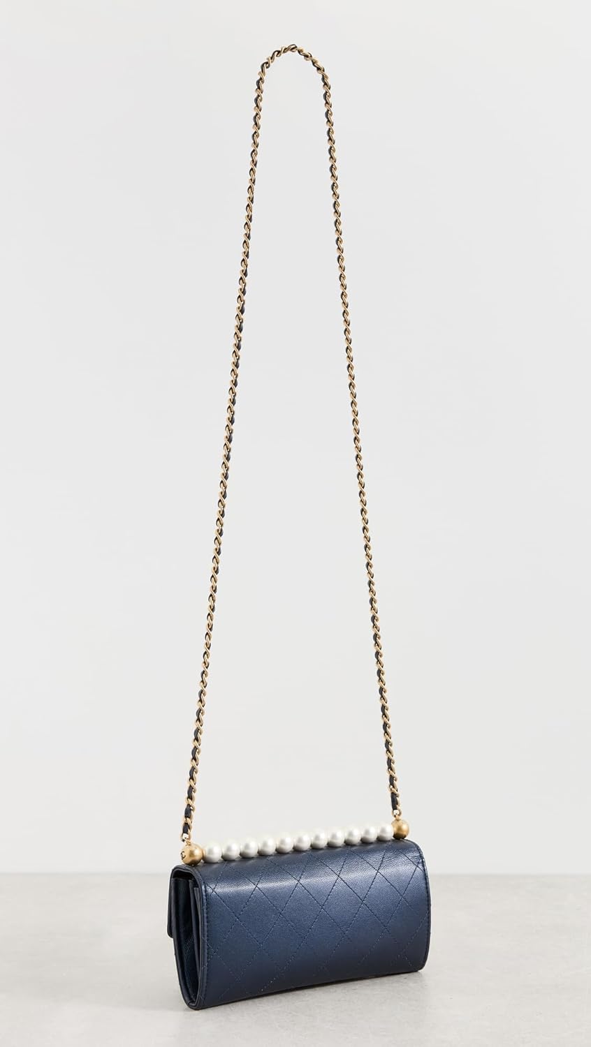 CHANEL What Goes Around Comes Around Women's Pre-Loved Navy Calfskin Chic Pearl Wallet On Chain - Image 4