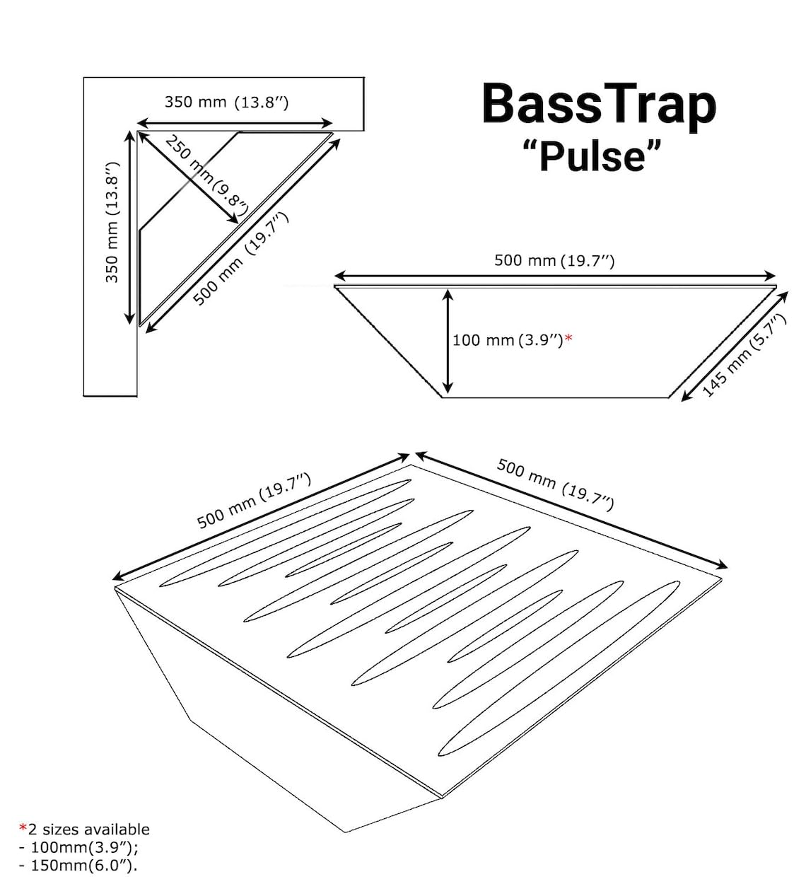 Pack de 4 trampas acústicas para graves de esquina | 50 x 50 cm | Tratamiento acústico para estudios de grabación | Absorción - Difusión - Reflexión | [x4 PULSE-100mm | Roble]