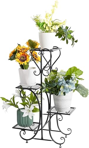 unho Soporte de metal para plantas negro estante de exhibición de macetas de 4 niveles con estantes para macetas en macetas, soporte de