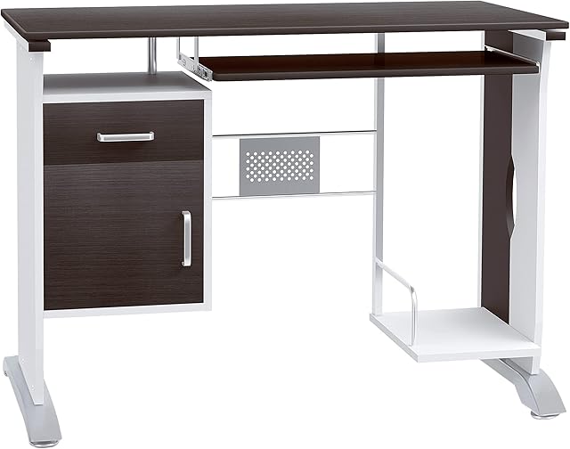 HOMCOM Computer Desk with Sliding Keyboard Tray Storage Drawers and Host Box Shelf Home Office Workstation (Black walnut)