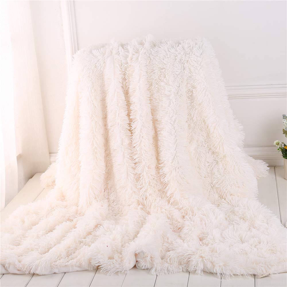 Fansu White Soft Fluffy Bed Throws Solid Color Winter Shaggy Sofa Blankets Ultra Plush Warm Bedspread Bedding Solid Color Throws Blankets For Couch Chair (,160 * 200Cm)