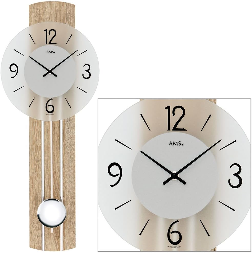 AMS quartz wall clock with pendulum, wooden backboard mineral glass 7274
