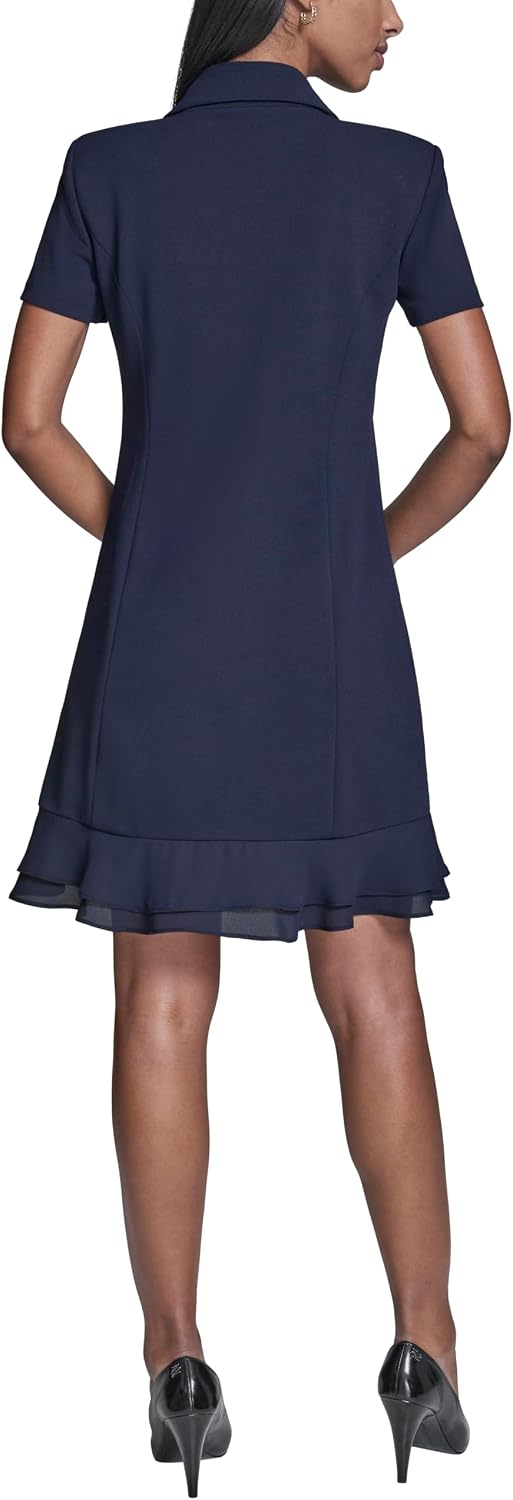 Karl Lagerfeld Women's Short Sleeve Notch Collar Scuba Crepe Blazer Dress with Flounce Hem