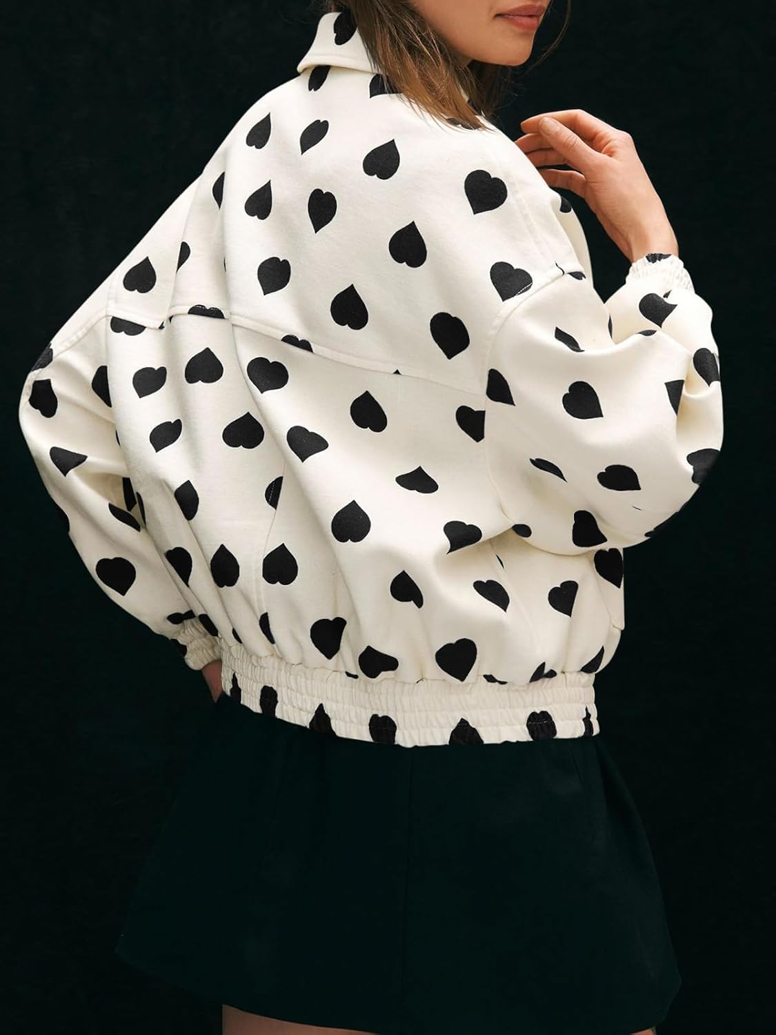 Womens Cropped Heart Bomber Jacket Cute Valentine Oversized Zip up Coat Fall Casual Outerwear