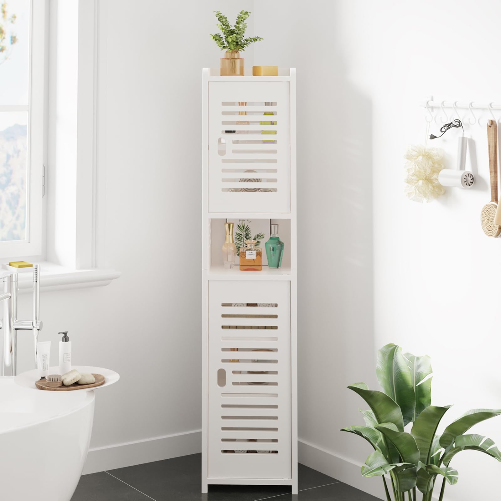 Dripex 7 Tier Tall Bathroom Floor Cabinet, 20W x 20D x 118H cm, Slim White Storage Cabinet with Door, Narrow Free Standing Cupboards Adjustable Shelves for Bathroom or Bedroom (Door Style 1)