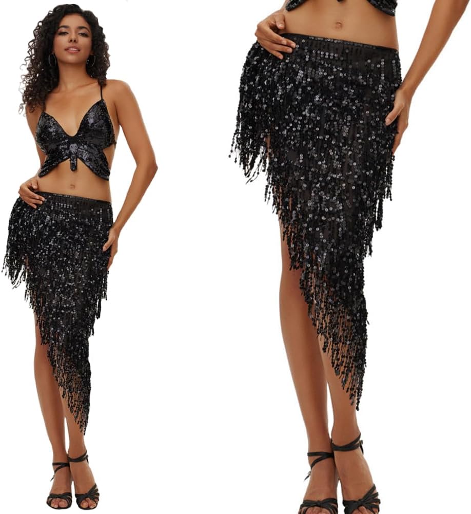 Triangle Sequins Belly Dance Skirt Belly Dance Long Tassel Hip Scarf Festival Outfits Women Dance Skirt with Sequin Tassel