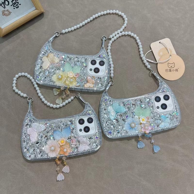 Butterfly Rhinestone Floral Sparkle Protective Shell, Shockproof Cover with Pearl Bracelet Handbag Style for 12 13 14 15 16 17 Pro Max (Blue,for iphone14 pro) image 2