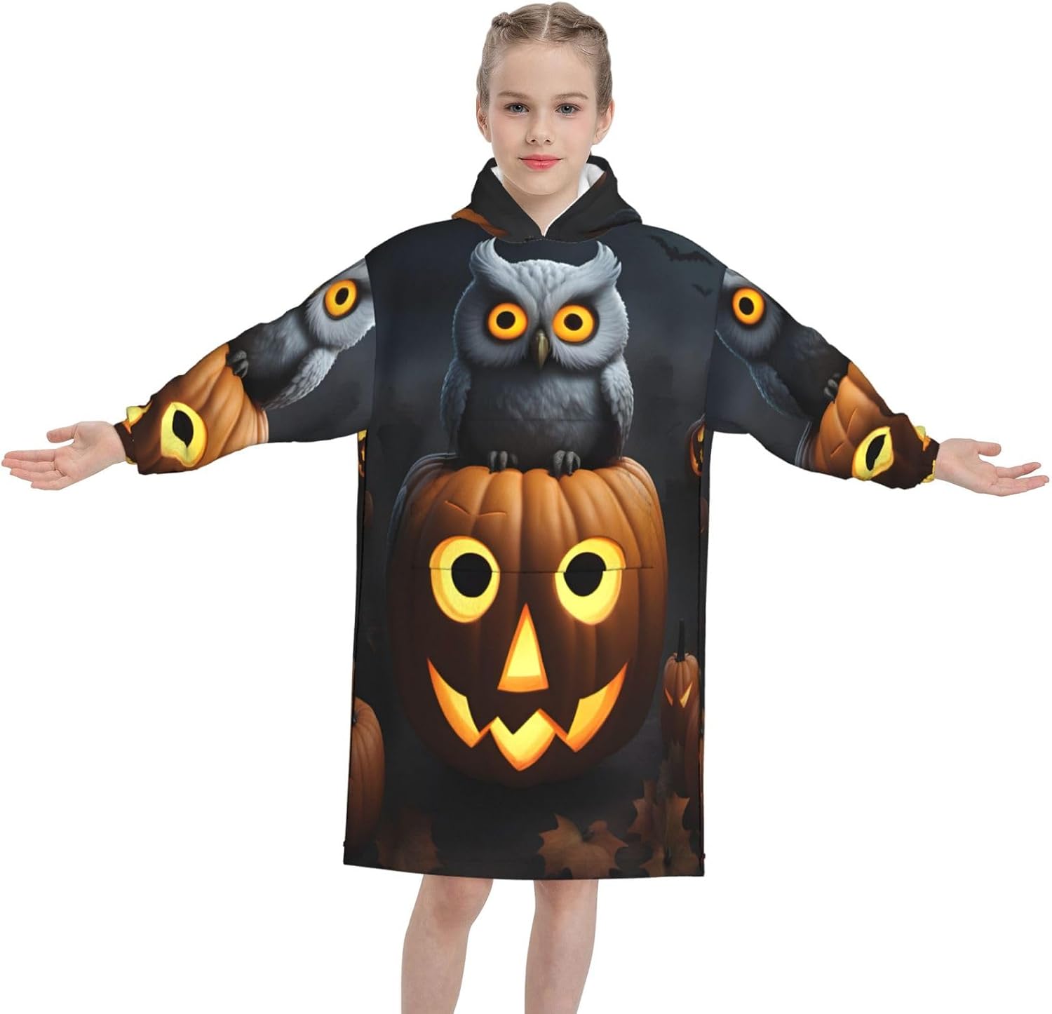 Halloween Owl Ghost Pumpkin 1 Print Oversized Blanket Hoodie, Wearable Blanket Hooded,Hooded Pullover With Pocket