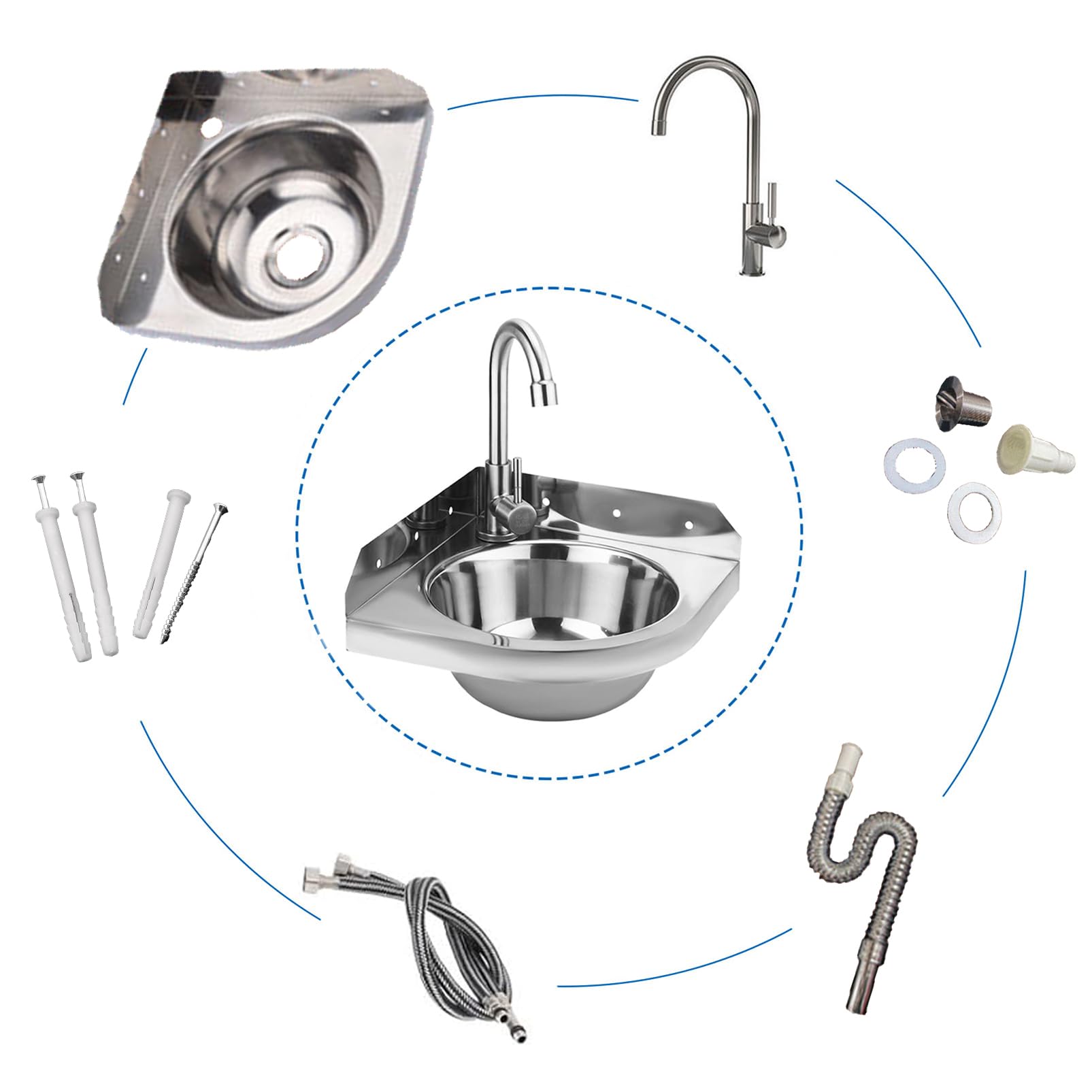 Lavabo Angolare in Acciaio Inox, Triangolare, A Parete, 26x26 cm, Per Bagno, Wc, Garage, Camping-Car, Barca