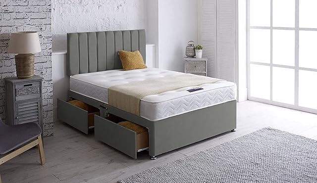GHOST BEDS Zidane Divan Bed Set 2 Drawers Same Side With 10" Memory Sprung Mattress & 24" Headboard (Grey, 3FT SINGLE)