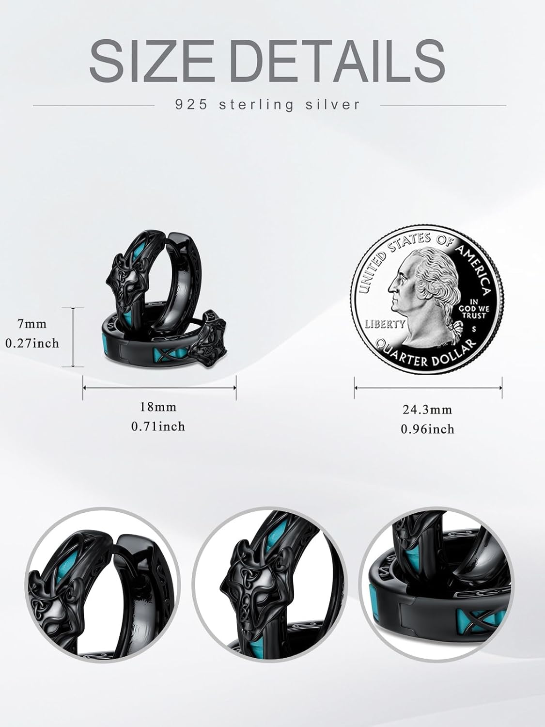 Viking Wolf Earrings 925 Sterling Silver Turquoise Celtic Knot Wolf Hoop Earrings Black Vintage Earrings for Men Women