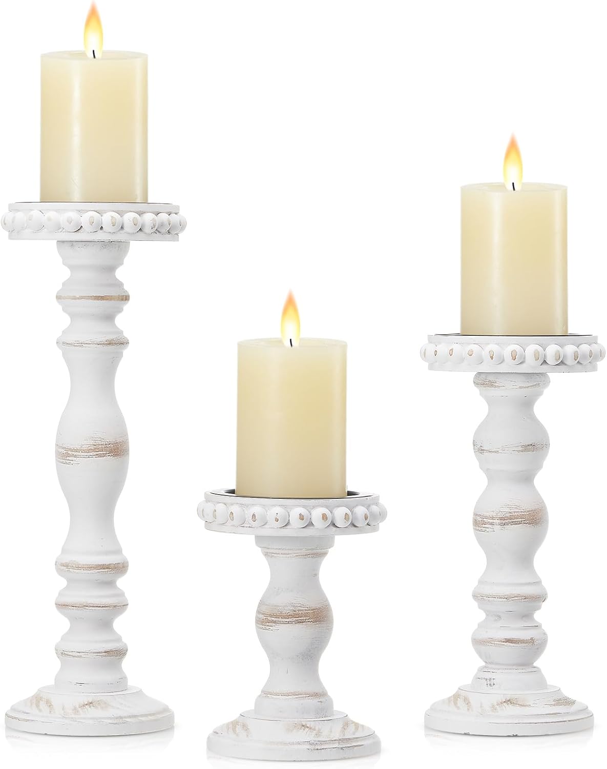Mumufy 3 Pcs Candle Holders for Pillar Candles Rustic Farmhouse Home Decor Decorative Washed Beaded White Black Wood Candle Holder Country Style for Table Mantel Fireplace Wedding(White,Large)
