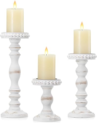 Mumufy 3 portavelas para velas de pilar, decoración rústica de casa de campo, decoración del hogar, con cuentas lavadas, portavelas de madera blanca