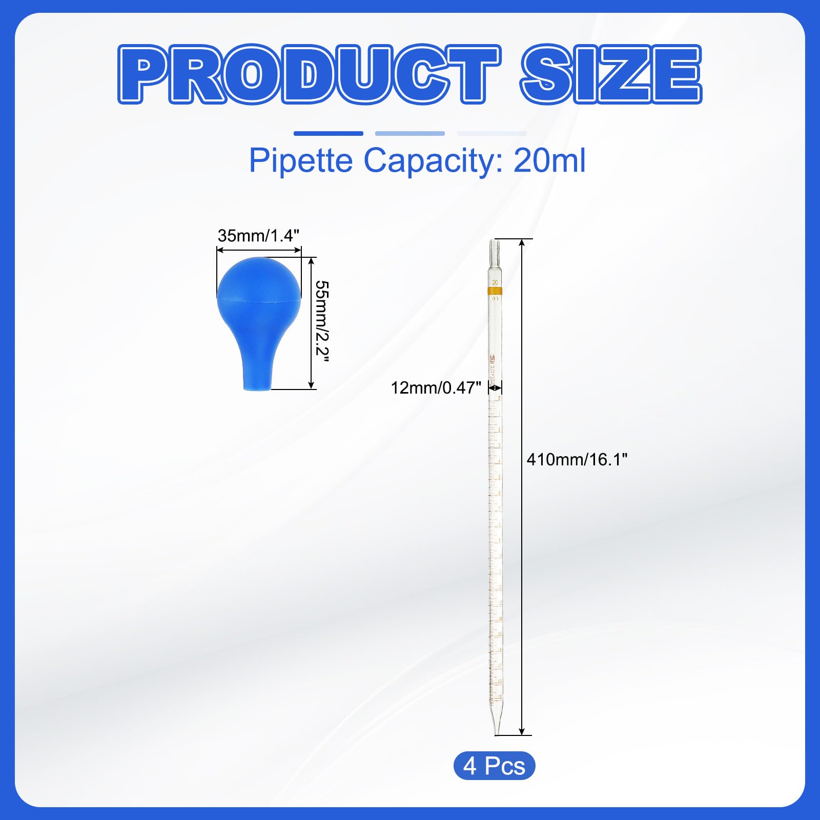 PATIKIL Graduated Dropper Pipettes Kit, 4pcs 20ml Borosilicate Glass Pipette with Rubber Cap for Transfer Liquid for Lab, Chemistry, Clear