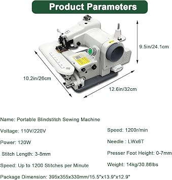 Professional Blind Stitch Hemming Machine, Portable Blind Stitch Hemming Machines, Sewing and Embroidery Machine, 1200 rpm Speed, 3-8mm Needle Pitch, Single Thread Chain Stitch