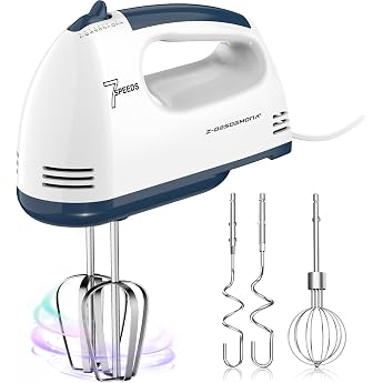 Electric Hand Mixer Small Food Mixer 7 Speeds Hand Mixer 304 x 1 x Whisk 2 x Beater 2 x Dough Hooks Kitchen Mixer for Cream Biscuits White