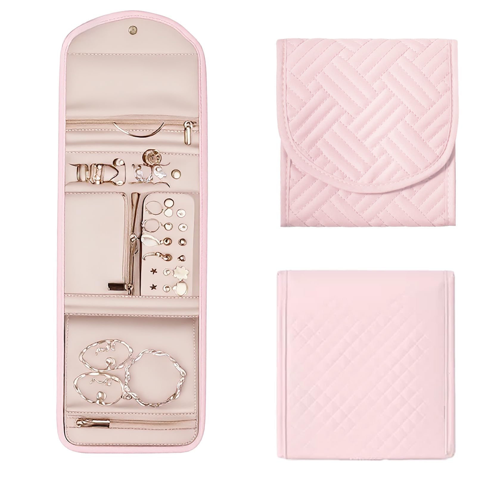 Coone Pink 1 Piece Folding Jewellery Organiser, Portable Jewelry Bag With Necklace, Ring And Earring Compartment, Ideal For Jewellery Storage On - The - Go, Trips And Vacations (41X14cm)