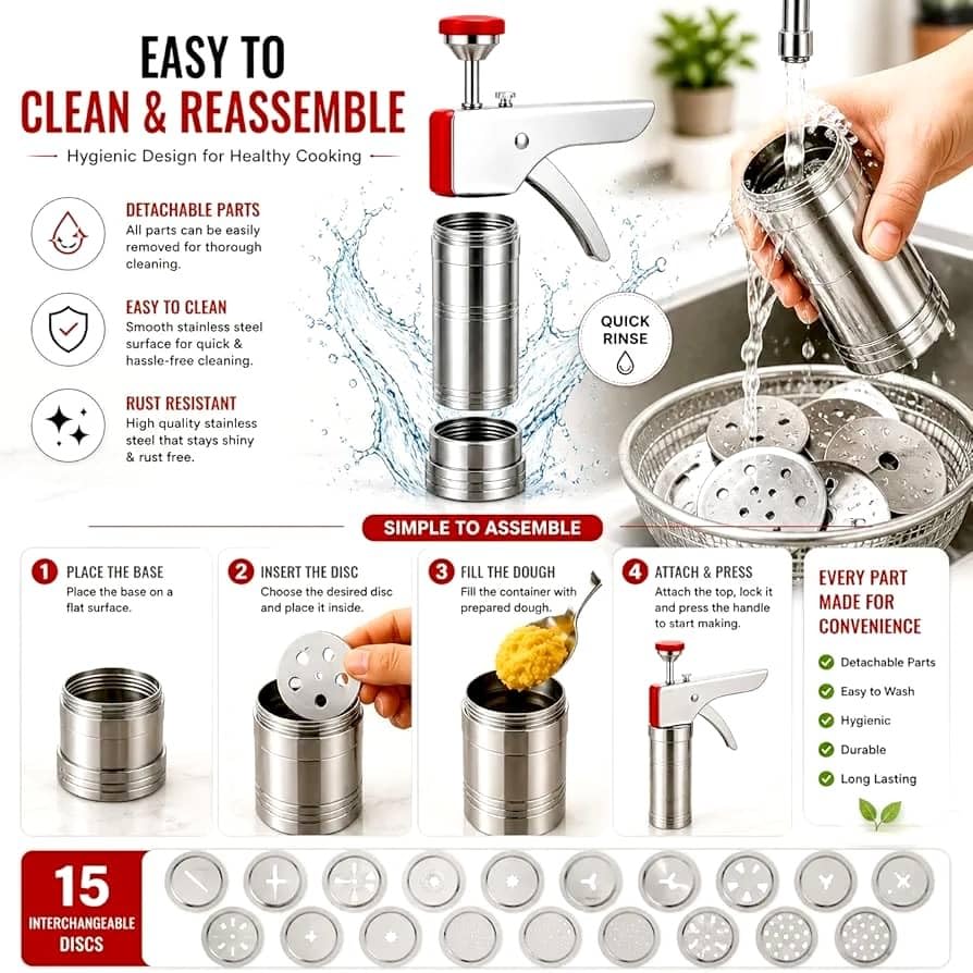 Image of Sev Maker Machine Stainless Steel with 15 Interchangeable Jali Discs, Hand Press Snack Maker, Murukku Maker, Chakli Press, Namkeen Maker for Home Kitchen