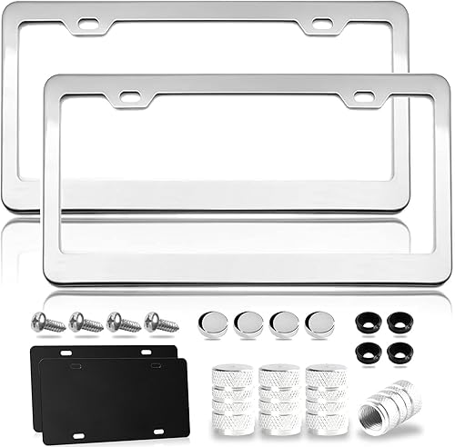 Marco de matrícula de acero inoxidable pulido con tapas de rosca cromadas, 2 agujeros inoxidables, acabado cromado a prueba de óxido, 2 unidades