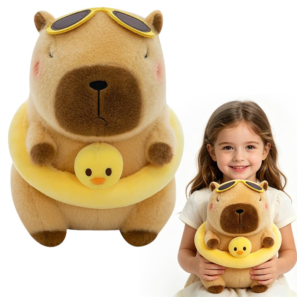 RNPKZ Capybara Plush, 25CM Cute Capybara Plush Toy with Duck Swimming ring, Soft Capybara Teddy, Capybara Stuffed Animal, Capybara Plush Doll for Kids Adults Home Decor Gift Giving Companion Healing