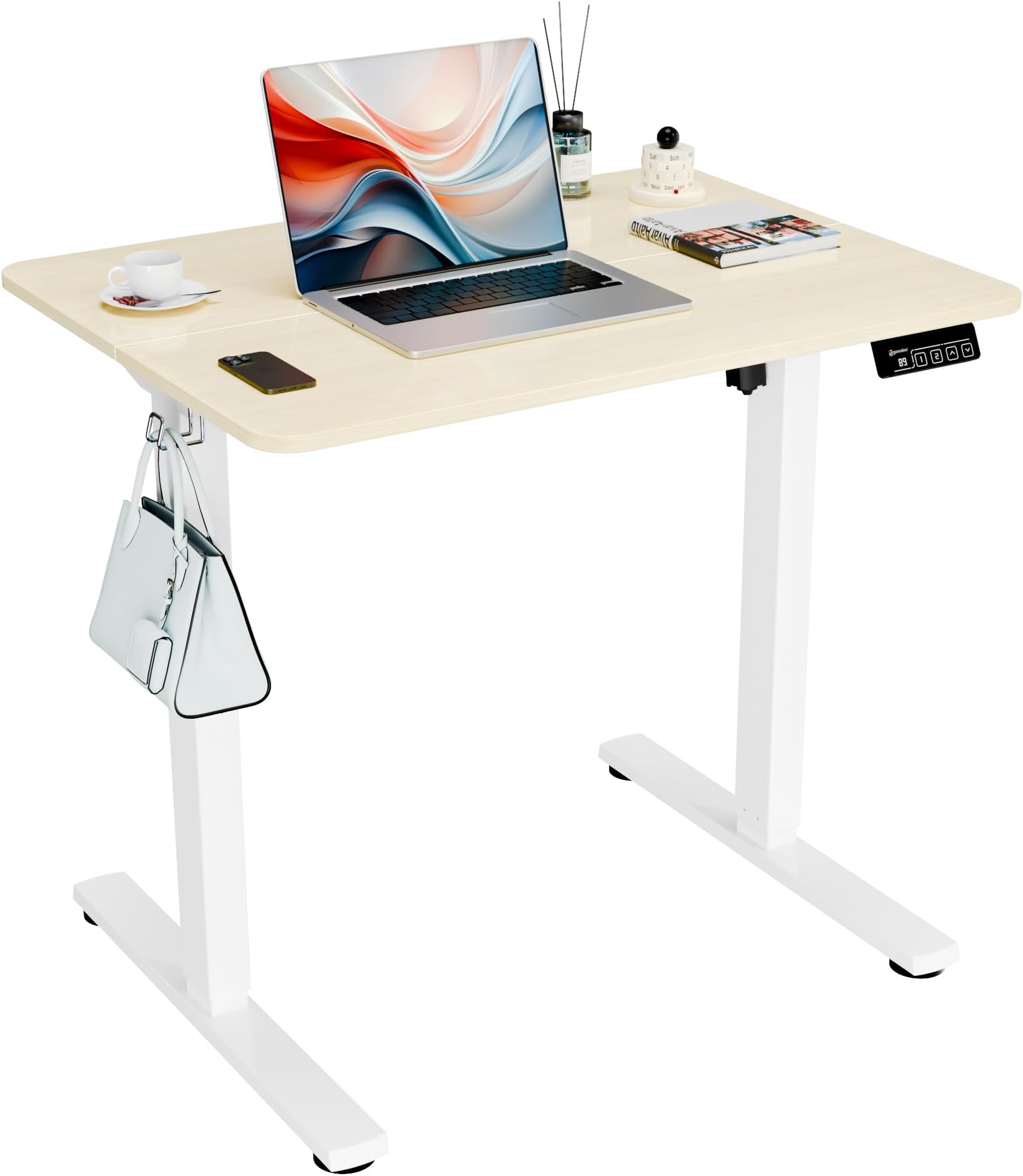 Electric Standing Desk, 31.5" x 23.6" Height Adjustable Sit Stand Desk with Splice Board for Home Office, Computer Desk Memory Preset (White Frame, Gold Oak Desktop)