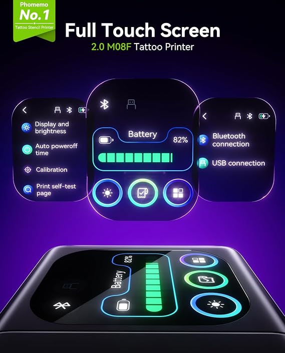 Phomemo M08F Plus Touchscreen Tattoo Stencil Printer, Bluetooth Tattoo Printer Machine with 10pcs Premium Transfer Paper, Compatible with Phone/Tablet/PC, Tattoo Supplies for Advanced Tattoo Artists