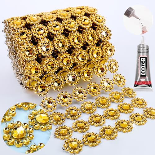 Yhsheen Flower Rhinestone Ribbon, 4In X 3Yards 6Rows Rhinestone Mesh Fabric, Bling Rhinestone Ribbon Roll for Crafts, Mum Ribbon Rhinestone Wrap Trim, Glod