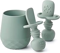 Vista 10 de SAMiGO Utensilios de silicona para bebés – Cucharas de autoalimentación y pequeña taza de entrenamiento – Suministros de destete LED para bebés