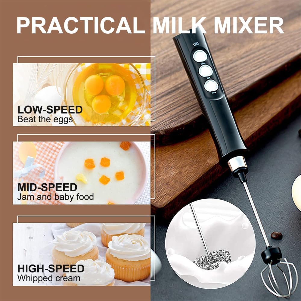 atolla 3-IN-1 Milk Frother Handheld with Charging Base, 3 Adjustable Speeds | USB Rechargeable Electric Foam Maker with 3 Heads, Mini Milk Foamer for Latte, Cappuccino, Coffee, Hot Chocolate, Matcha