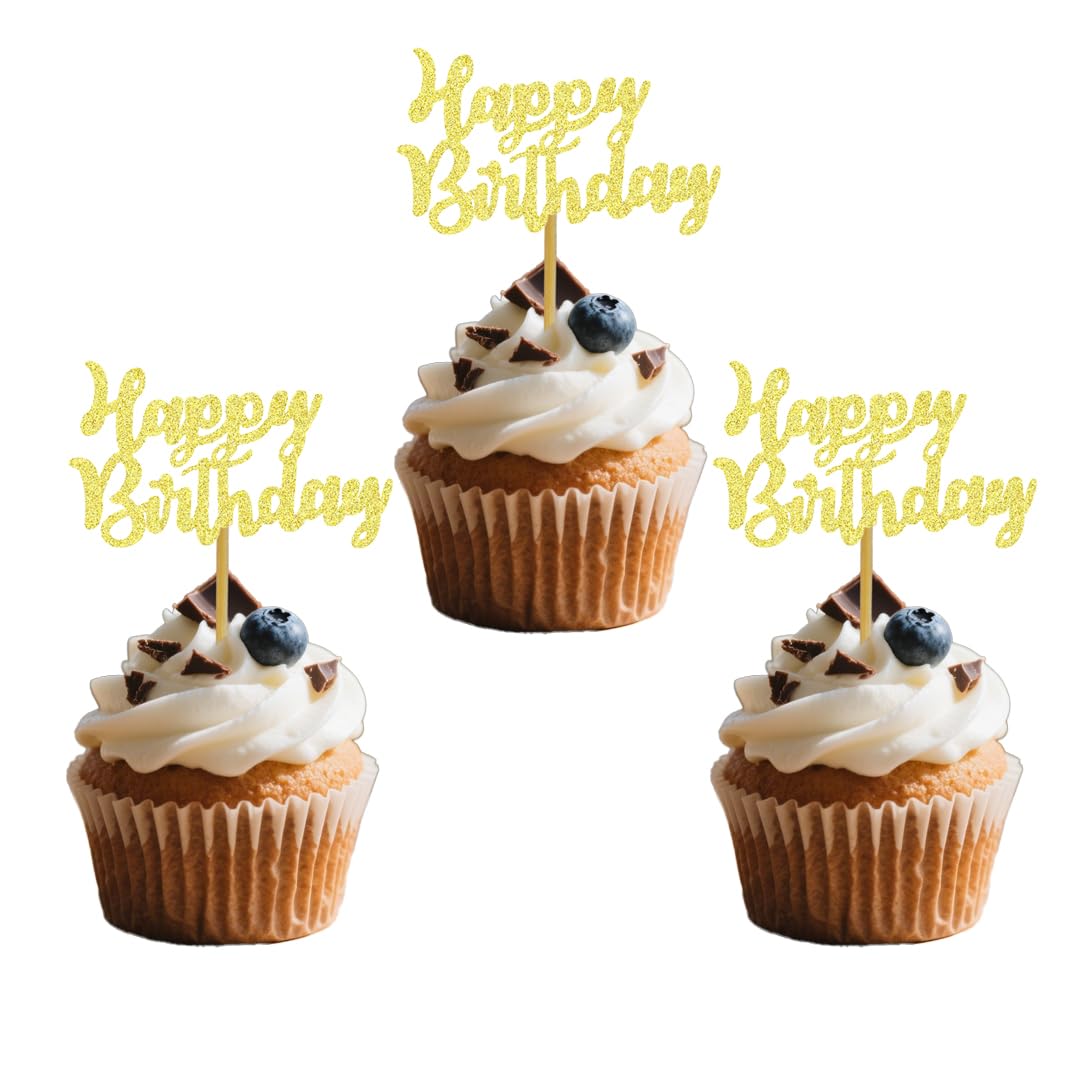 Happy Birthday Cupcake Toppers, Cupcake Toppers, Glitter Gold Cake Topper for Birthday Party Decorations, 24 PCS Paper Theme Kids Boys Girls Baby Shower Anniversary Celebrations Supplies