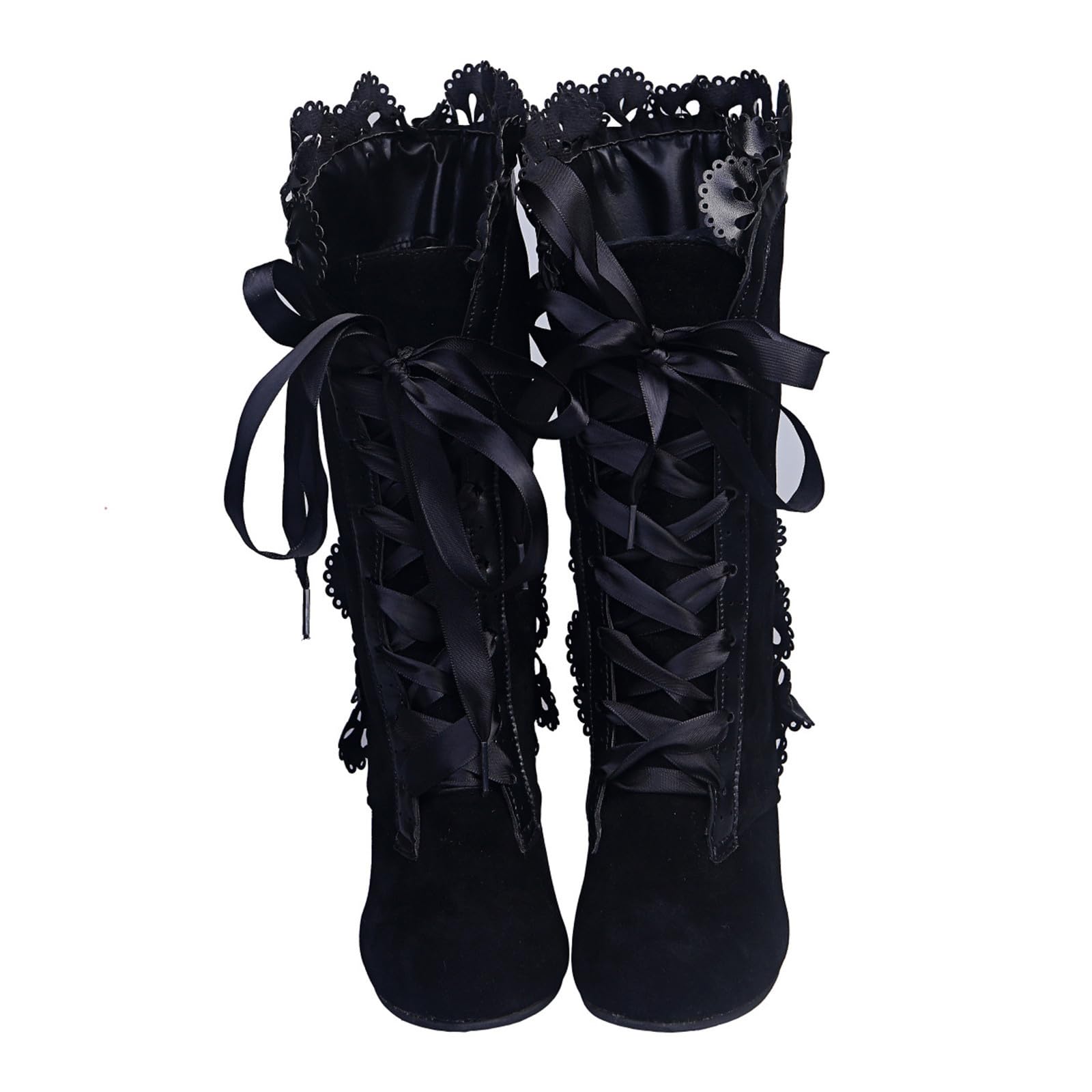 Bottes Femme Lolita Gothique, Bottines Hautes à Talon Carré avec Lacets Ruban Dentelle, Chaussures Femmes en Daim et Cuir Style Steampunk Idéales pour Tenue de Fête, Saison Automne Hiver