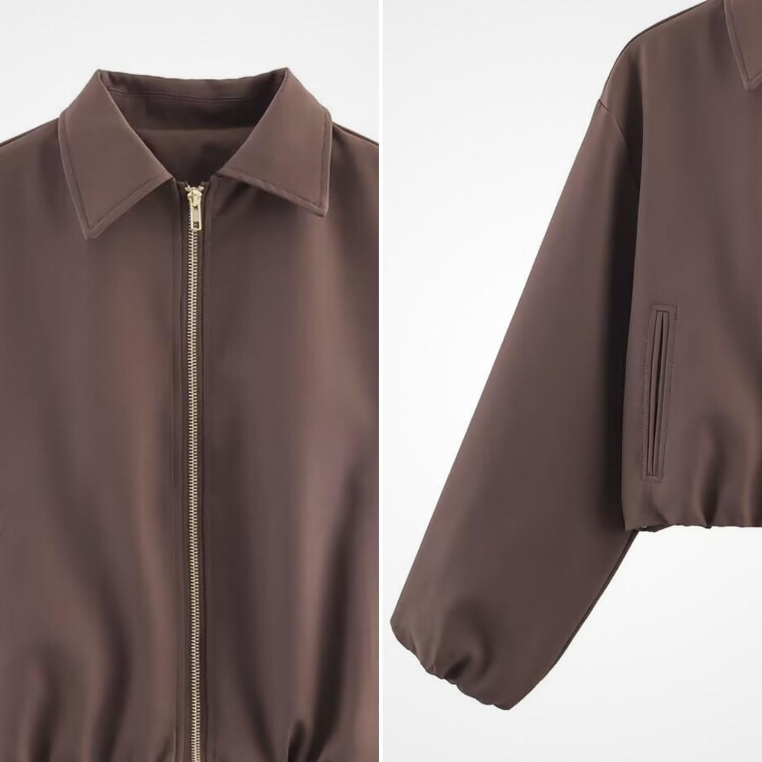 FindThy Women’s Zipper Bomber Jacket Casual Lapel Collar Puffed Long Sleeve Crop Outerwear Coat with Pockets