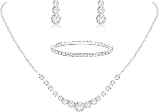 Silver Jewelry Set for Women Rhinestone Crystal Necklace Drop Earrings Link Bangle Bracelet Bridal Wedding Jewelry Sets for Brides Bridemaid Prom Costume Accessories - Buy now