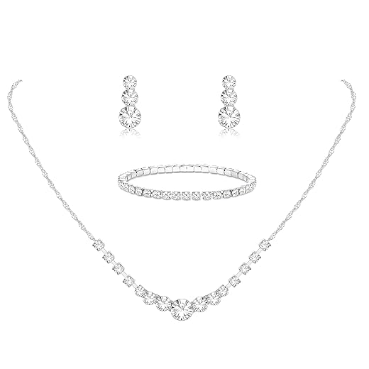 Jstyle Silver Plated Jewelry Set for Women Rhinestone Crystal Necklace Drop Earrings Link Bangle Bracelet Bridal Wedding Jewelry Sets for Brides Bridemaid Prom Costume Accessories
