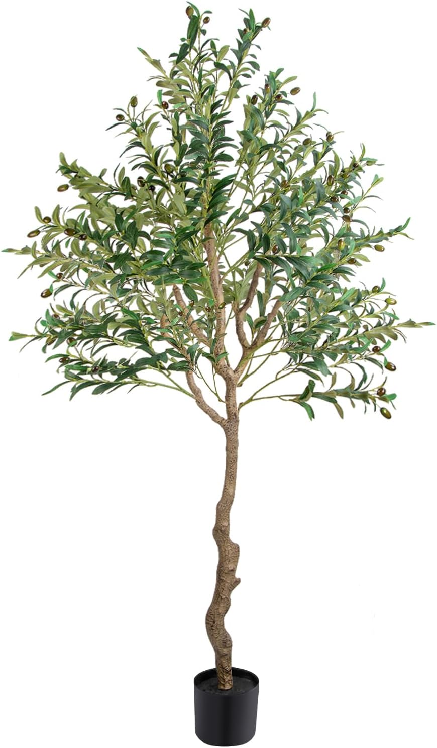 Artificial Olive Tree 5/6/7FT Faux Silk Plant Thick Trunk Fluffy Branches Dense Leaves Plump Fruits Full Tree with Pot for Home Indoor Decor - 6FT